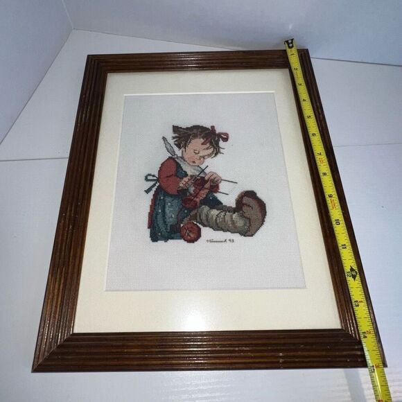 VTG Hummel Framed Cross Stitch Hand Sewn Wood Frame Glass Front Knitting Stitche - Picture 2 of 6